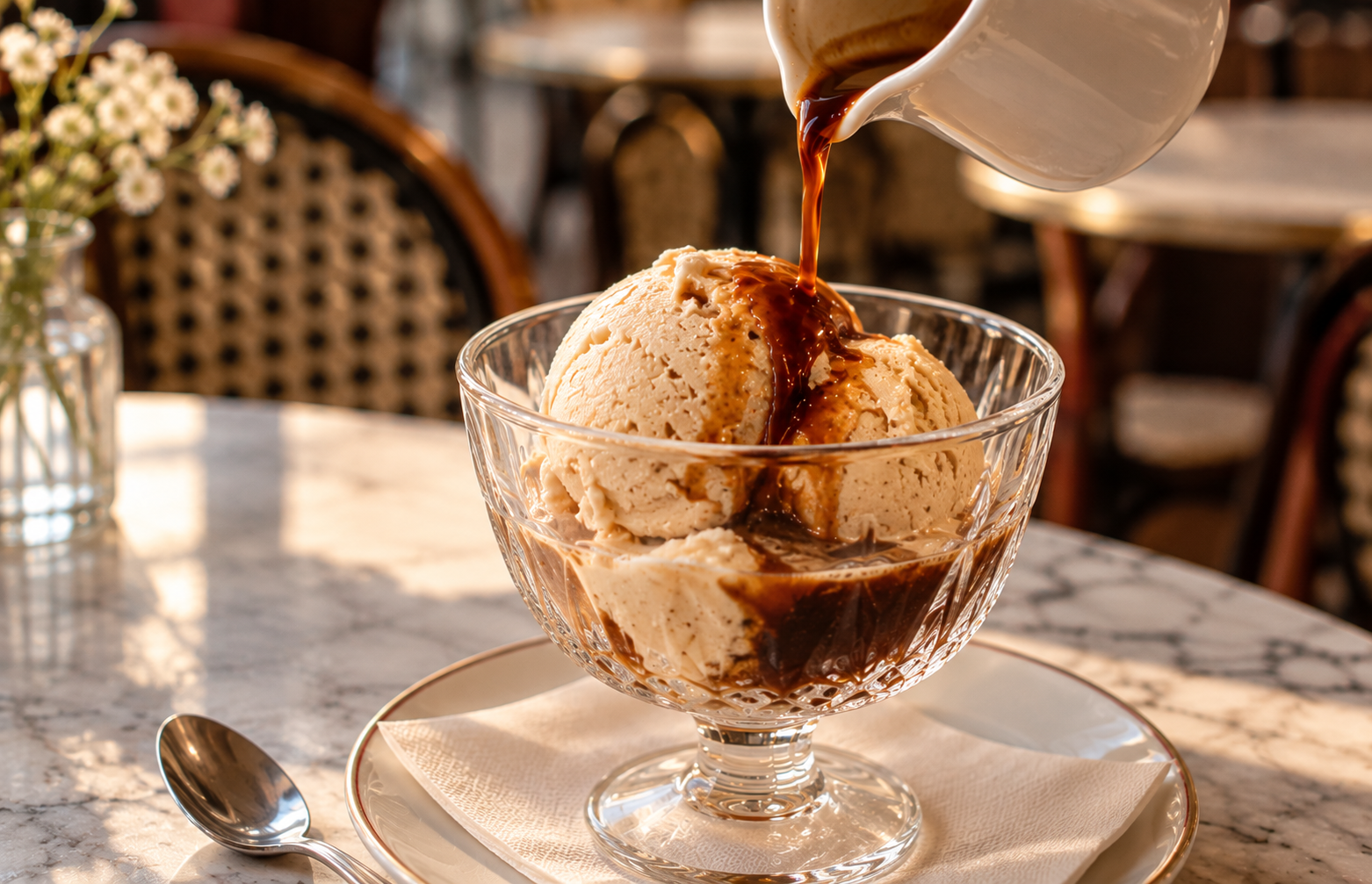 Espresso poured over a scoop of gelato in a glass cup on a marble bistro table at Creperie Antoinette
