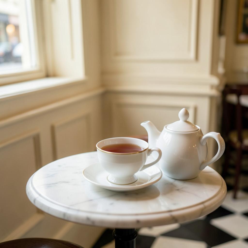 A porcelain teapot and cup of tea on a café table