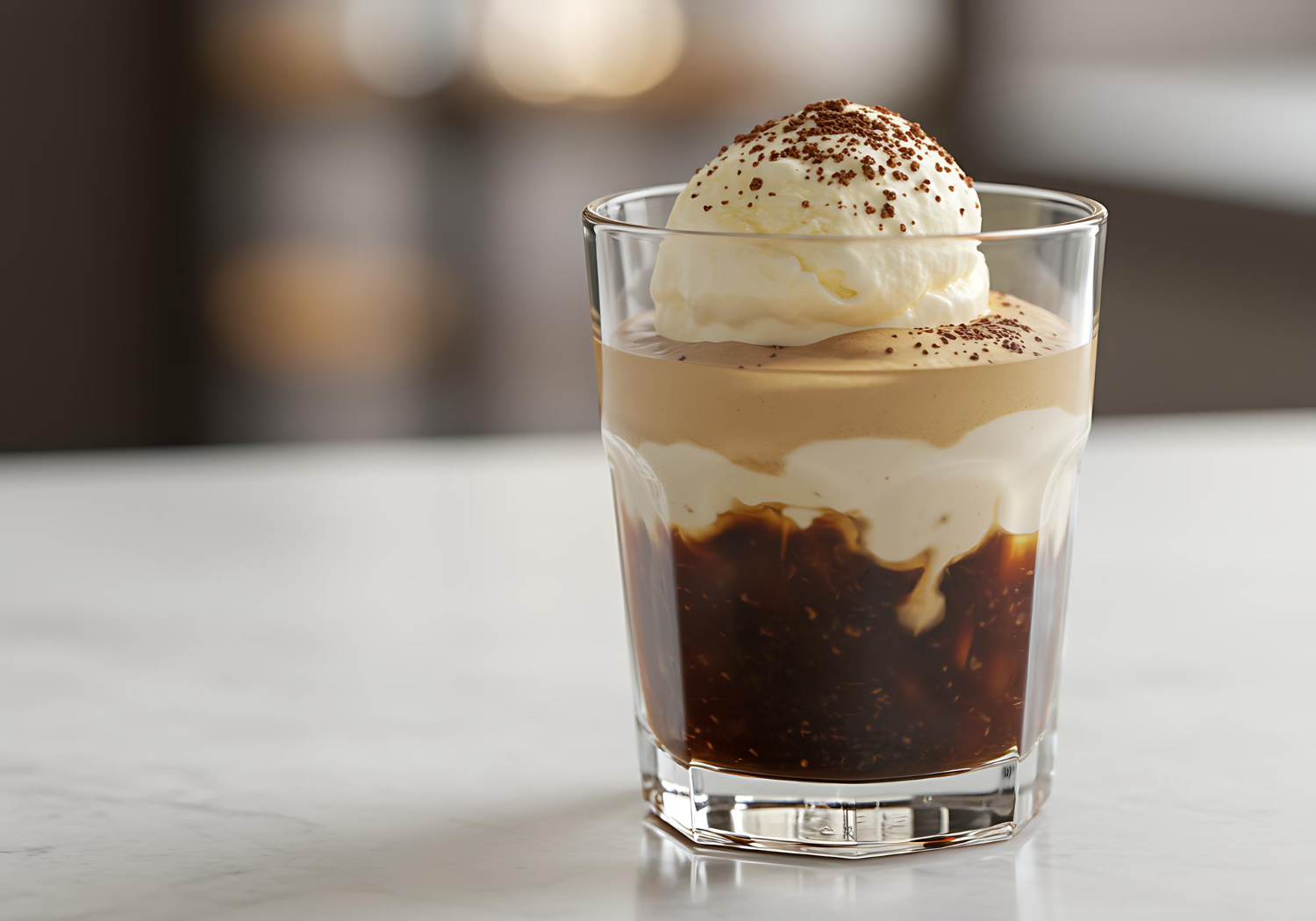 An affogato with gelato and a shot of espresso in a glass